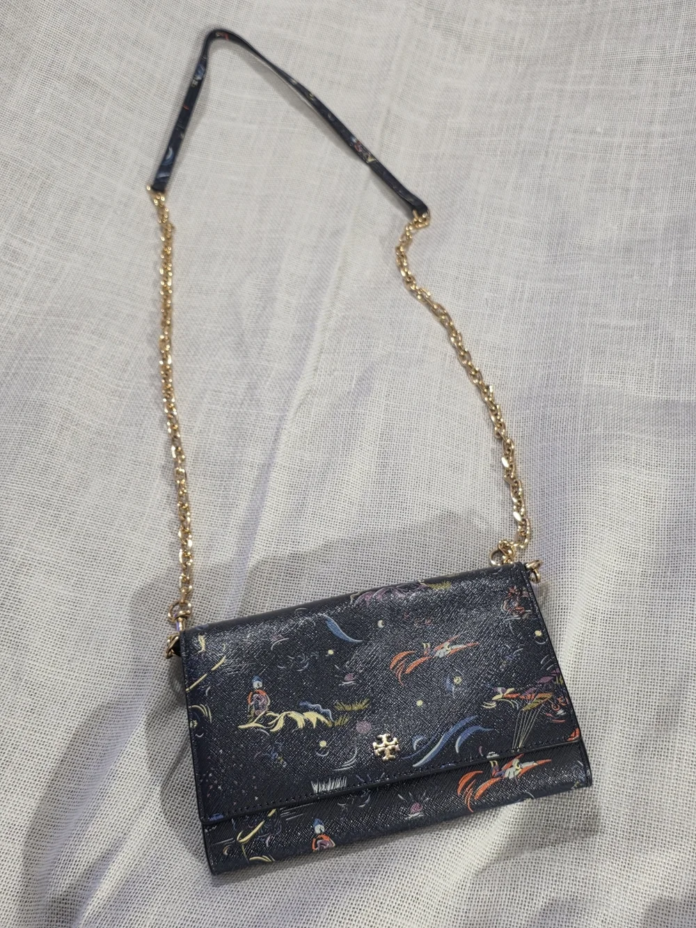 Tory Burch Day Dreamer Printed Chain Wallet Crossbody Navy Multicolor
